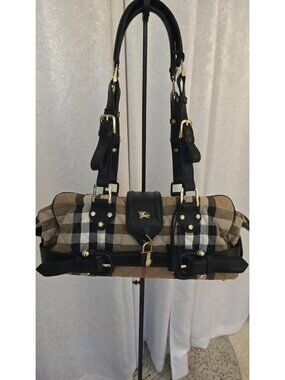 BURBERRY Vintage Nova Studs Quilted Canvas Black Leather Handbag Padlock RARE